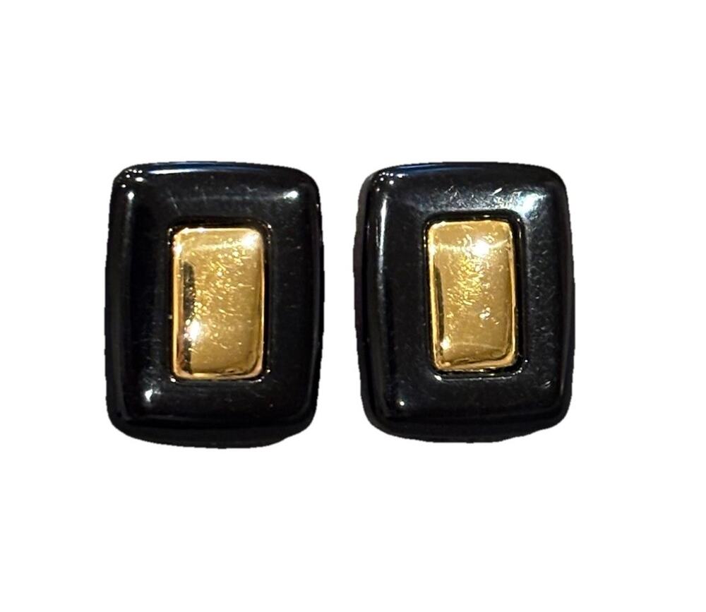 Vintage MONET Black Enamel & Gold Tone Rectangular Clip Earrings On 1980s Signed